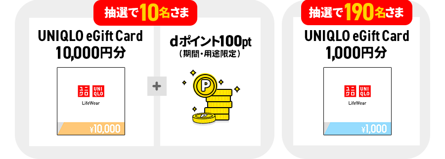 抽選で10名さまに、「UNIQLO eGift Card」を10,000円分+dポイント(期間・用途限定)100ptプレゼント。抽選で190名さまに、「UNIQLO eGift Card」を1,000円分プレゼント。