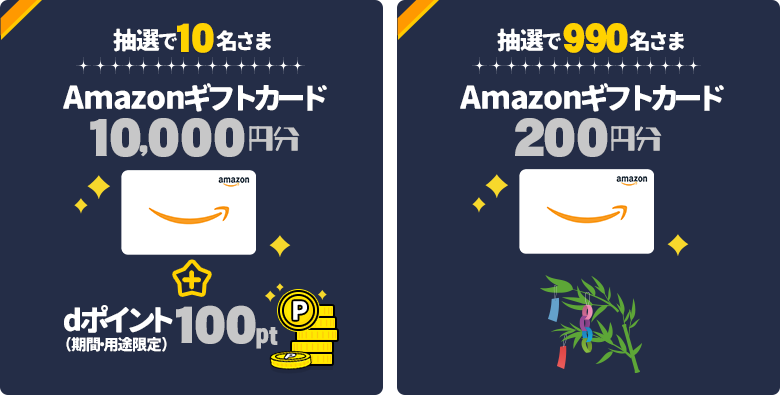 抽選で10名さまに、「Amazonギフトカード」を10,000円分＋dポイント（期間・用途限定）100ptプレゼント。抽選で990名さまに、「Amazonギフトカード」を200円分プレゼント。