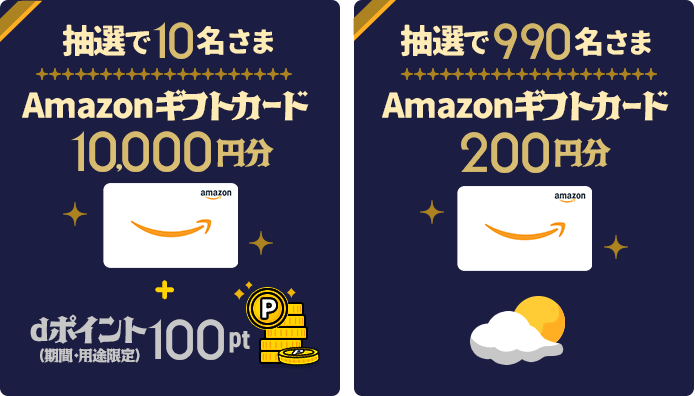 抽選で10名さまに、「Amazonギフトカード」を10,000円分＋dポイント（期間・用途限定）100ptプレゼント。抽選で990名さまに、「Amazonギフトカード」を200円分プレゼント。