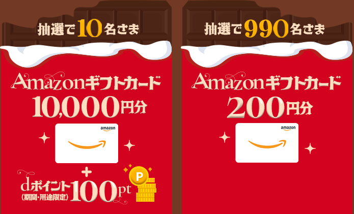 抽選で10名さまに、「Amazonギフトカード」を10,000円分+dポイント(期間・用途限定)100ptプレゼント。抽選で990名さまに、「Amazonギフトカード」を200円分プレゼント。