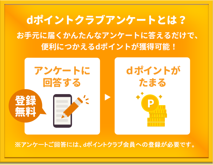 「dポイントクラブアンケートとは」お手元に届くかんたんなアンケートに答えるだけで、便利につかえるdポイントが獲得可能!※アンケートご回答には、dポイントクラブ会員への登録が必要です。