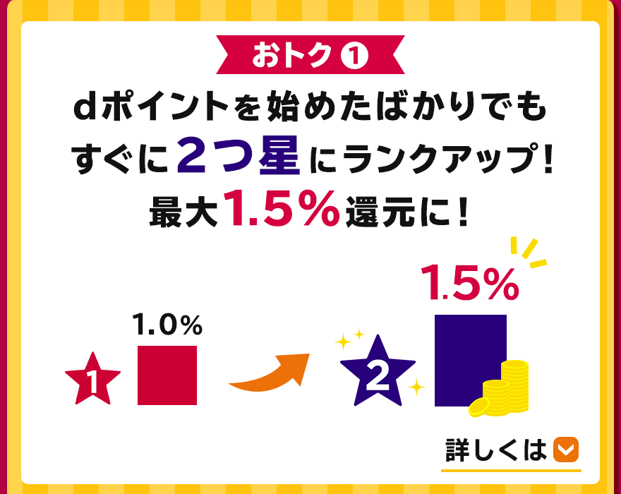 おトク１　dポイントを始めたばかりでもすぐに2つ星にランクアップ！最大1.5%還元に！