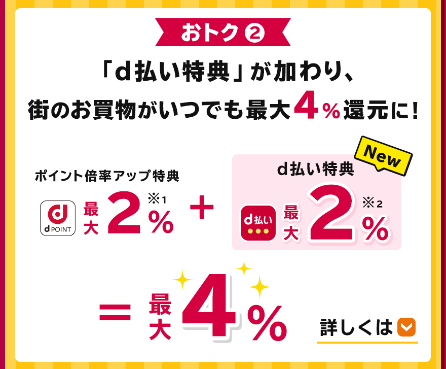 おトク2　「d払い特典」が加わり、街のお買物がいつでも最大4%還元に！