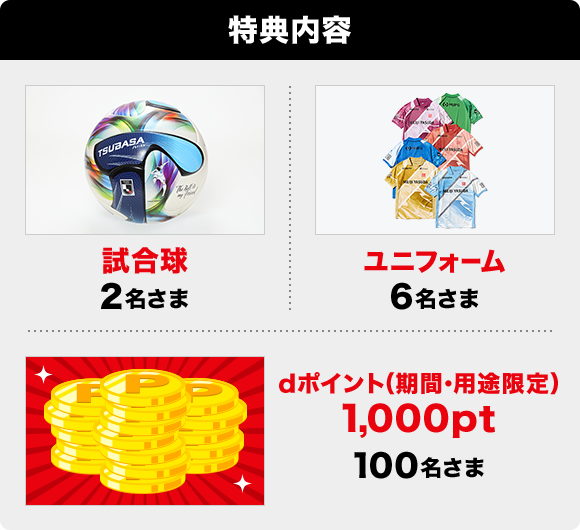 特典内容 試合球2名さま、ユニフォーム6名さま、dポイント（期間・用途限定）1,000pt100名さま