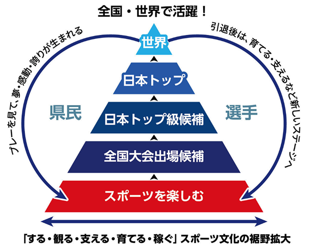 スポーツを楽しむ層から全国大会出場候補、日本トップ級候補、日本トップ、世界へとつながるSAGAスポーツピラミッド構想