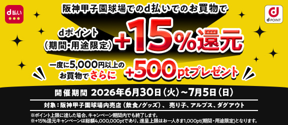 阪神甲子園球場でのd払いでのお買物でdポイント（期間・用途限定）＋15％還元 一度に5,000円以上のお買物でさらに＋500ptプレゼント 開催期間 2026年6月30日（火）～7月5月（日） 対象：阪神甲子園球場内売店（飲食／グッズ）、売り子、アルプス、ダグアウト ※ポイント上限に達した場合、キャンペーン期間内でも終了します。 ※＋15％還元キャンペーンは総額4,000,000ptであり、進呈上限はお一人さま1,000pt（期間・用途限定）となります。