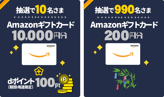 抽選で10名さまに、「Amazonギフトカード」を10,000円分+dポイント(期間・用途限定)100ptプレゼント。抽選で990名さまに、「Amazonギフトカード」を200円分プレゼント。